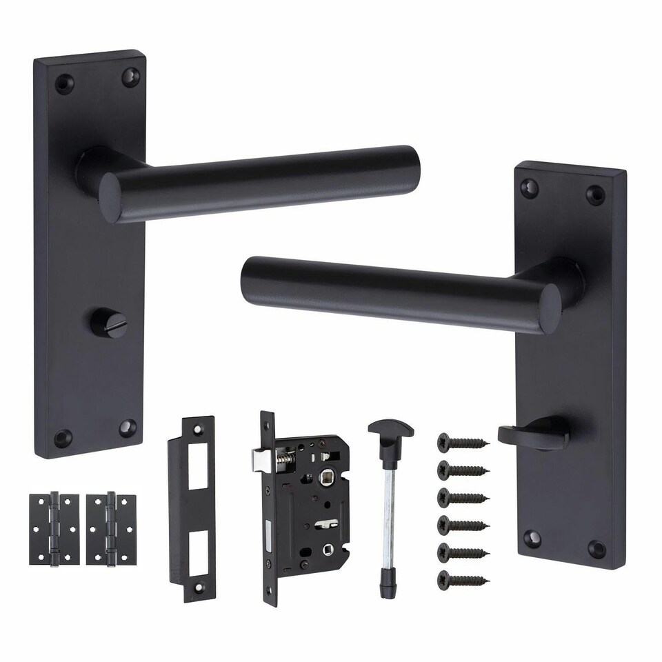 image 1 of Golden Grace Victorian T-Bar Straight Door Handles Bathroom WC Toilet Complete in Matt Black with (GG) Bathroom Mortise Lock & 1 Pair of 3" Ball Bearing Hinges Black