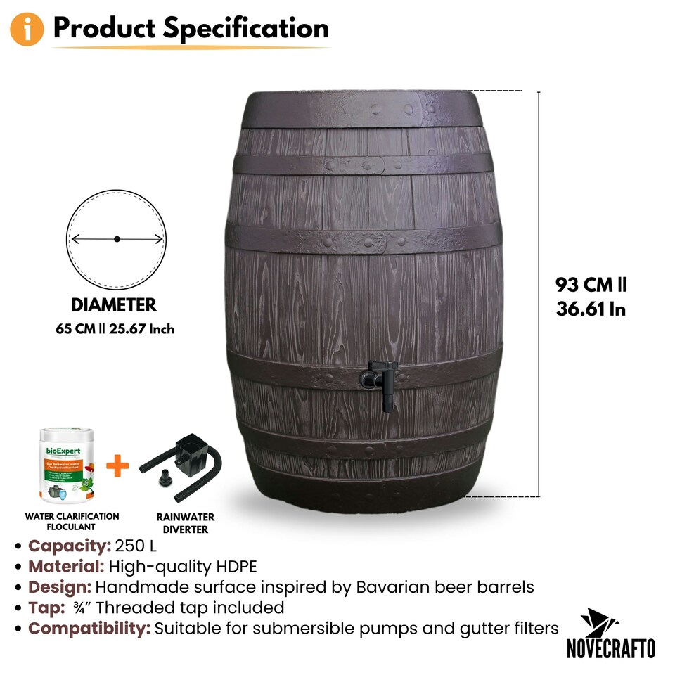 image 1 of Water Butt Kit with Tap, Diverter & Bio Cleaner – Rainwater Collector for Garden, Balcony & Terrace – Durable Plastic Water Storage Tank | Brown | 250L