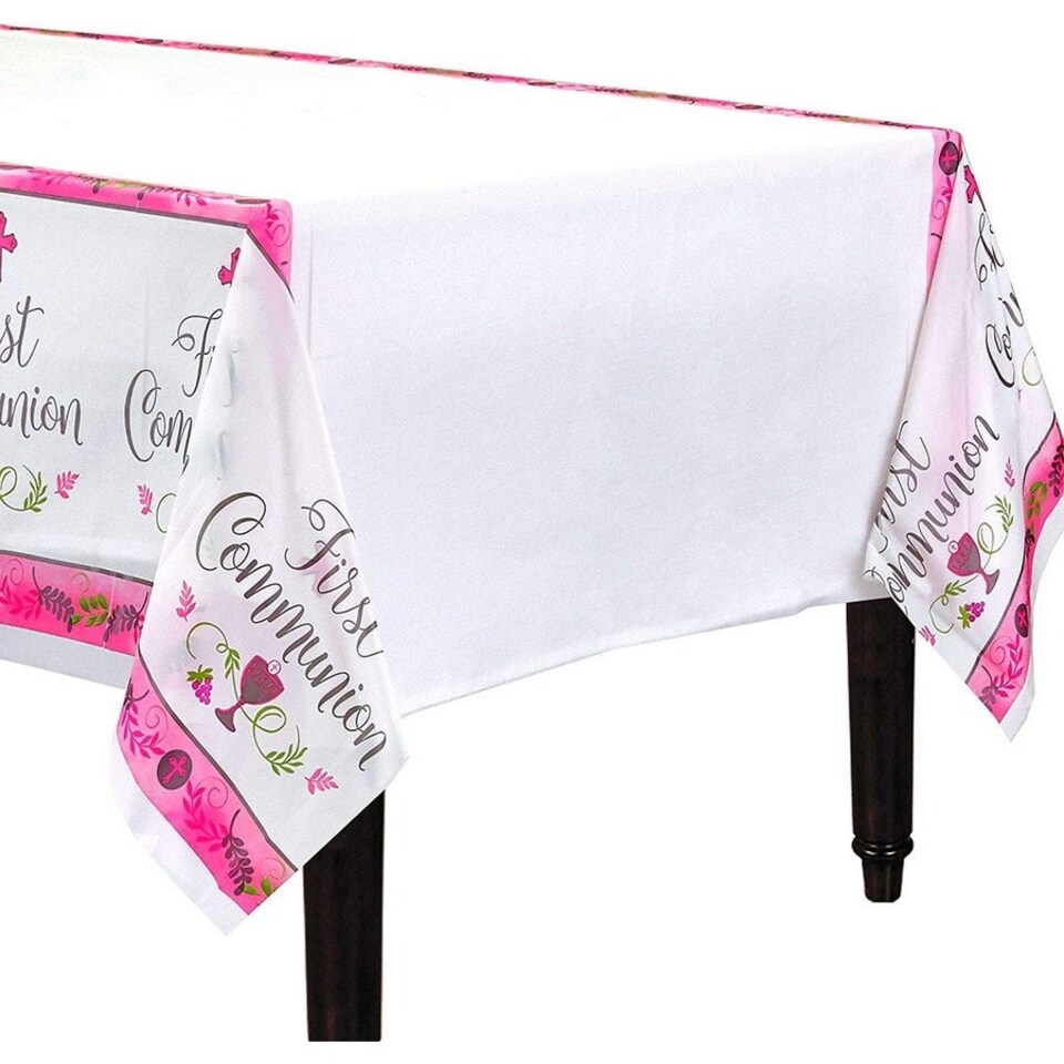 Amscan Plastic Printed Communion Party Table Cover - White/Pink - One Size