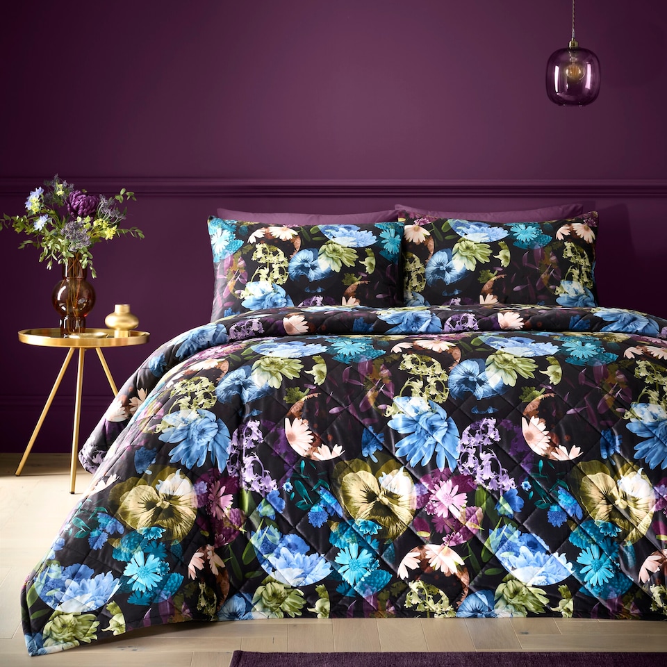 image 1 of Elena Floral Black Green Quilted Bed Throw Over Blanket 200 x 230cm | Black