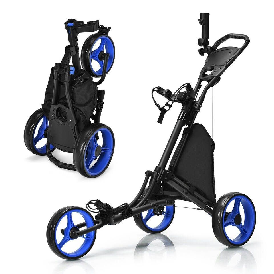 image 1 of COSTWAY 3 Wheel Golf Push Cart Folding Golf Holder Blue