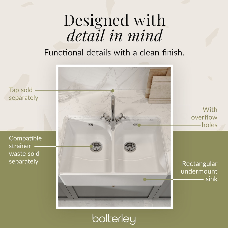 image 1 of Fireclay Double Bowl Full Weir Butler Sink Overflow Tap Hole 795mm | White | White | 500 x 795 x 220mm | 1