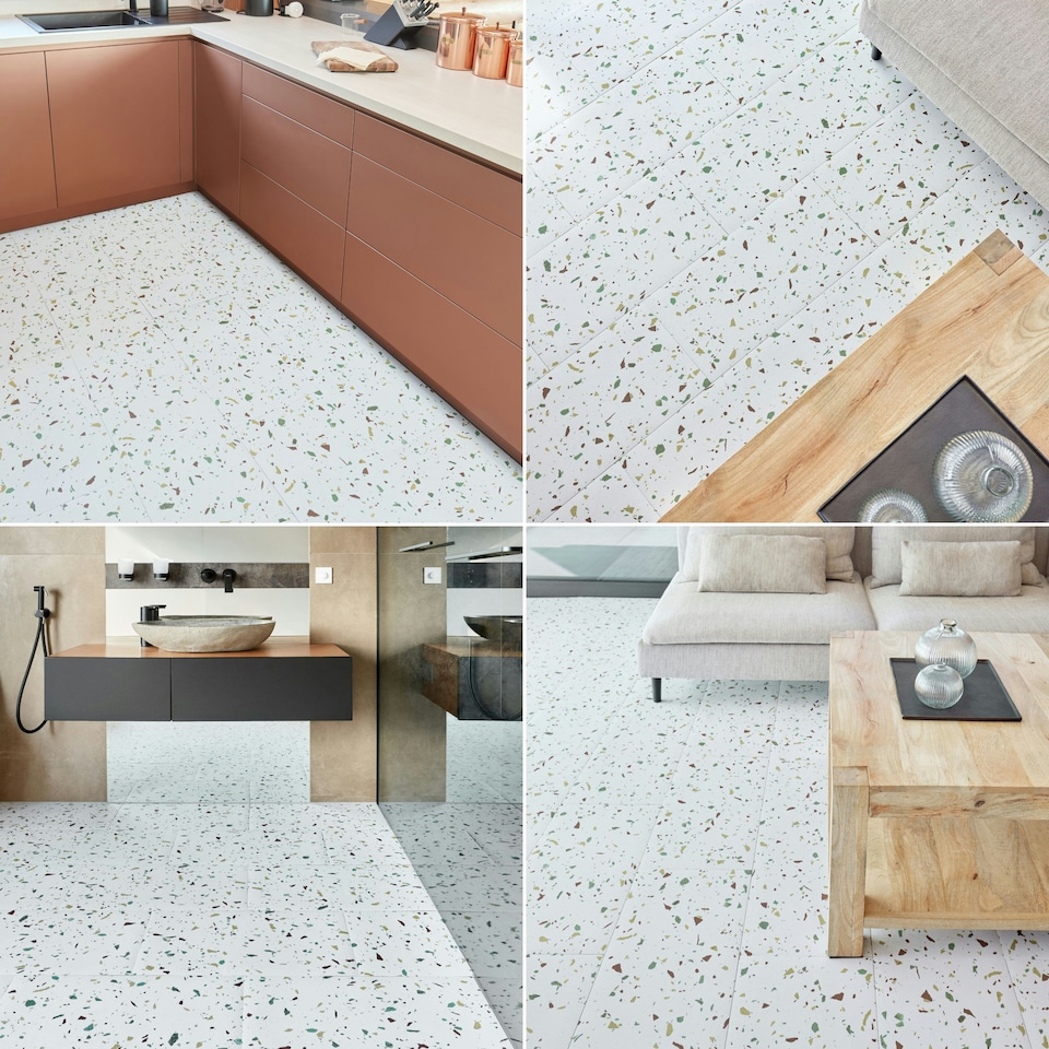 image 1 of NOVECRAFTO Vinyl Floor Tiles Self Adhesive – 12x24in Peel and Stick Rectangular Flooring for Kitchen, Bathroom & Living Room – White Terrazzo Look with Flecks White | 1.85 sqm
