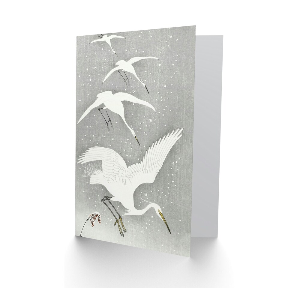 image 1 of Ohara Koson Art Card Descending Egrets In Snow Vintage