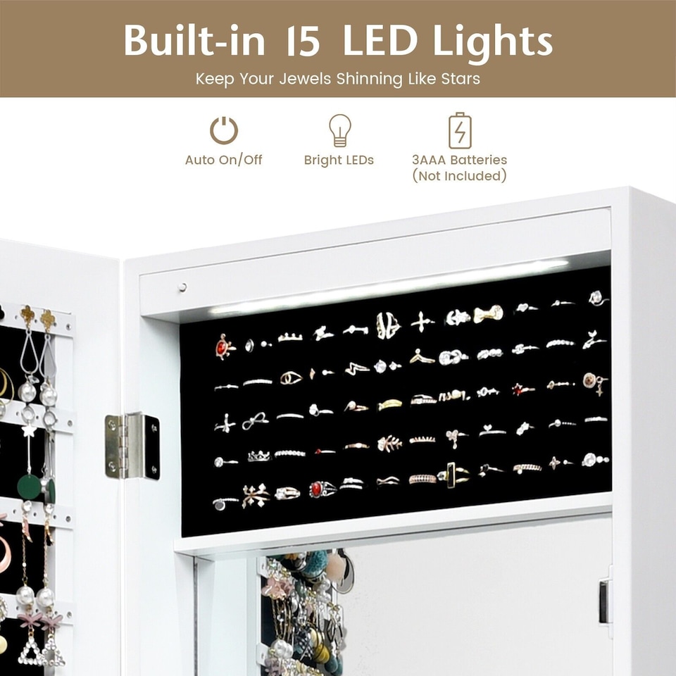image 1 of COSTWAY Wall-mounted Jewelry Storage Cabinet Door Hanging Jewelry Armoire White