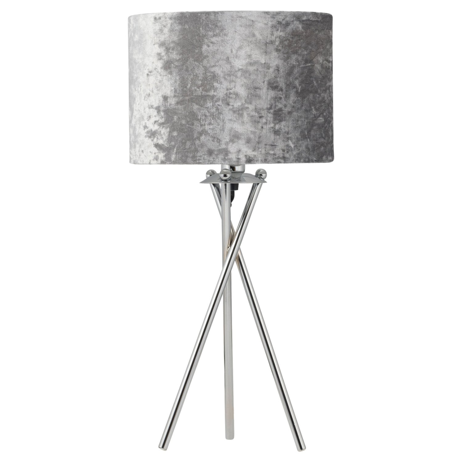 First Choice Lighting Chrome Tripod Table Lamp with Grey Crushed Velvet Shade in Silver