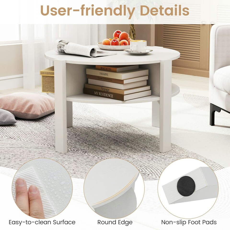 image 1 of COSTWAY 2-Tier Round Coffee Table Tea Cocktail Table White White