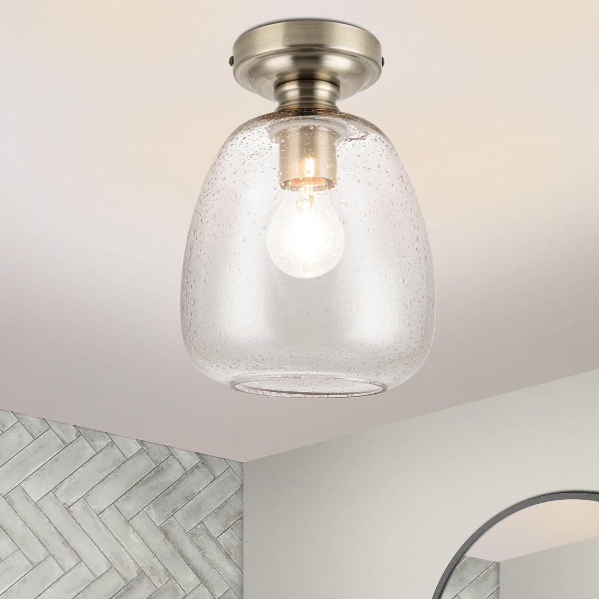 COSYLYTE Buxton Bathroom Light Classic Bubble Glass Ceiling Light - Antique Brass Base | Gold | Antique Brass | 1