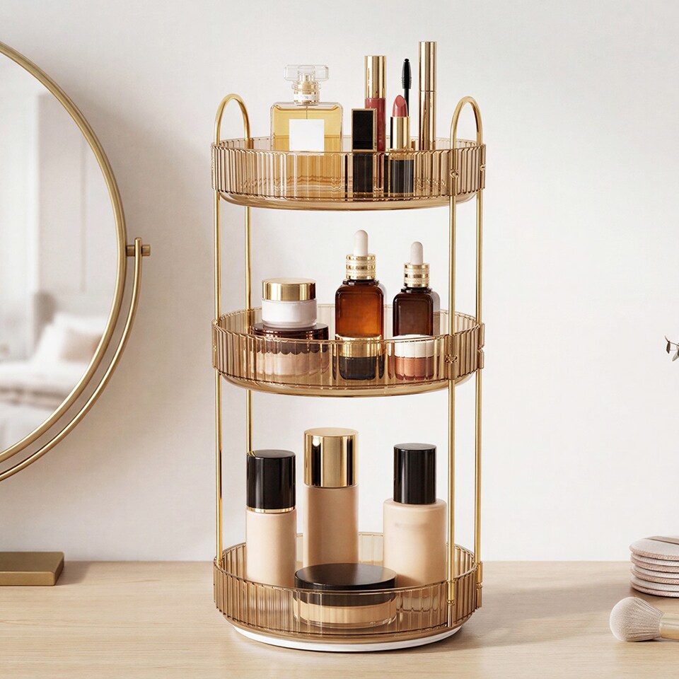 image 1 of ilus Makeup Organiser 360 Rotating Spinning 3 Tiers Cosmetic Organizer | Gold | Gold