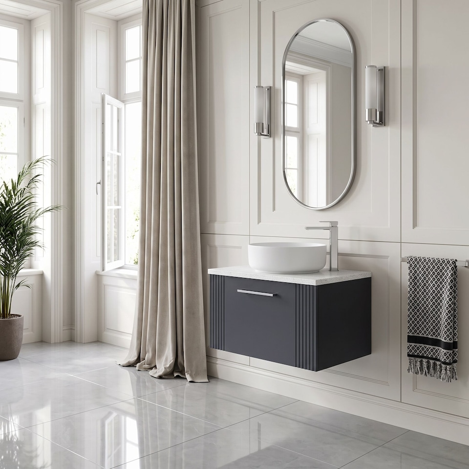 image 1 of Balterley Partial Fluted 1 Drawer Wall Hung Vanity Unit with Sparkling Laminate Worktop | Grey | Satin Soft Black