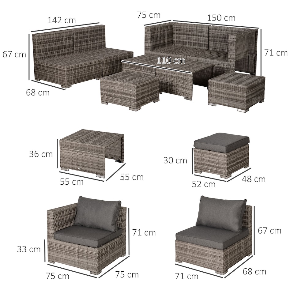 image 1 of Outsunny 8 Pieces Rattan Garden Furniture Set, Garden Corner Sofa Set with 4 Chairs, 2 Footstools, 2 Coffee Tables and Cushions, Space-Saving Design, No Assembly Required, Grey