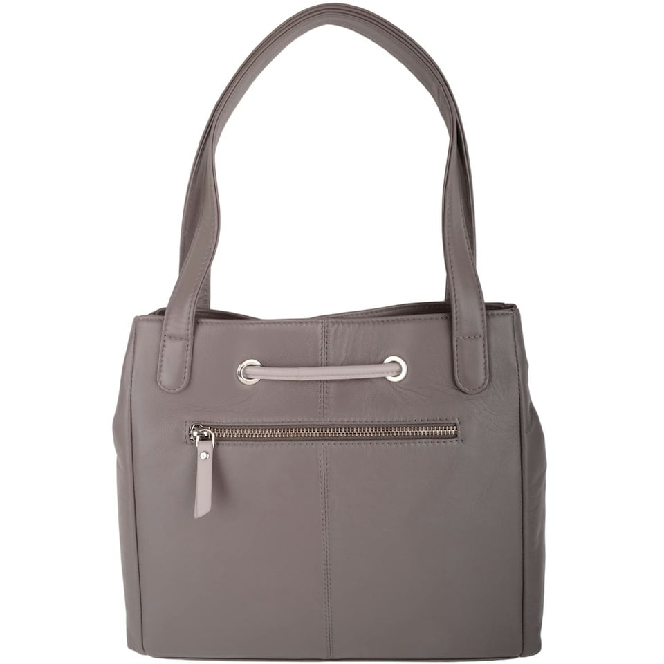 image 1 of Genuine Soft Leather Contrast Drawstring Tote Style Shoulder Handbag Brown | Taupe