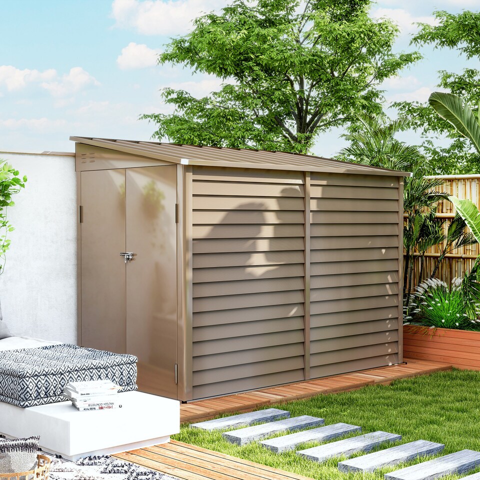 image 1 of Outsunny 5 x 9ft Galvanised Metal Garden Shed with Foundation Kit, Outdoor Leanto Shed, Tool Storage House with Lockable Doors, Gloves and 2 Air Vents for Patio, Garden, Brown | Brown | 143W x 270D x 202H cm