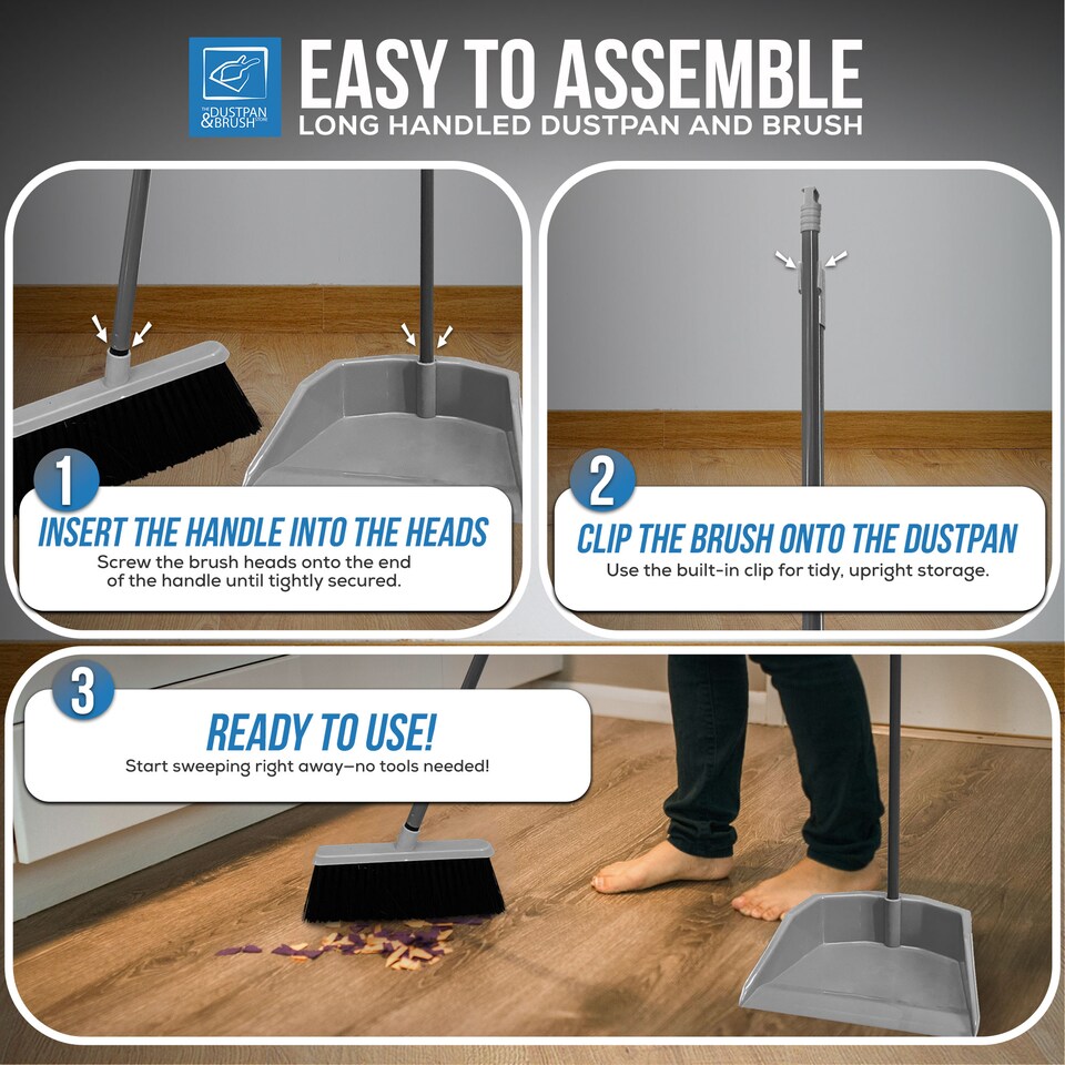 image 1 of Long Handled Upright Dustpan and Brush Set Ergonomic Standing Sweeper