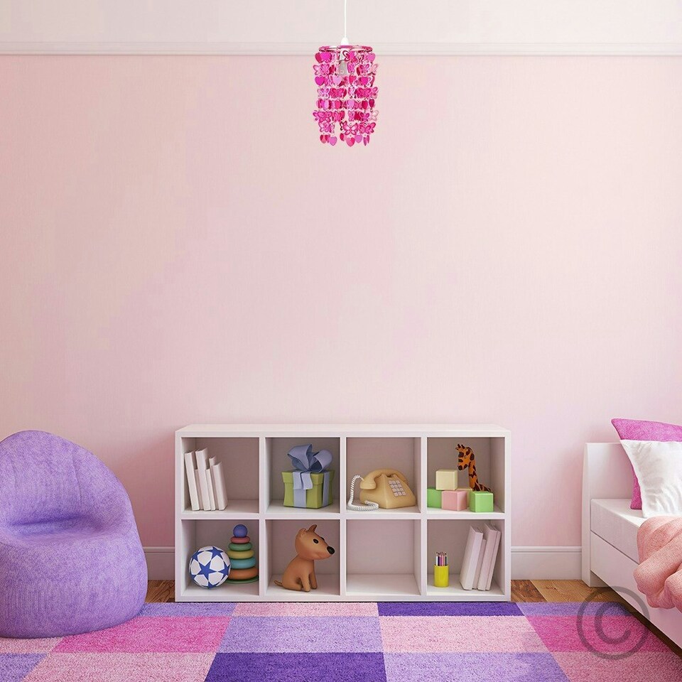 image 1 of ValueLights Pink Children's Nursery Hearts And Butterflies Ceiling Pendant Light Shade