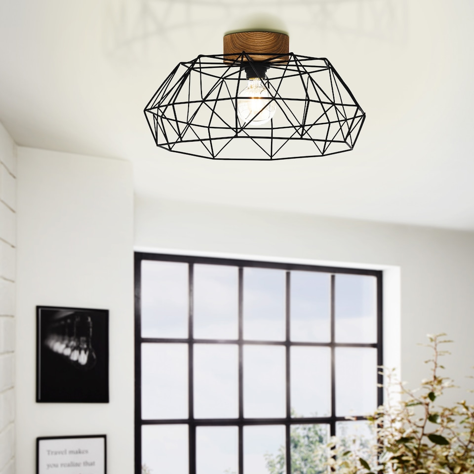 image 1 of EGLO Padstow Black and Natural Metal/Wood Ceiling Light (D) 45.5cm