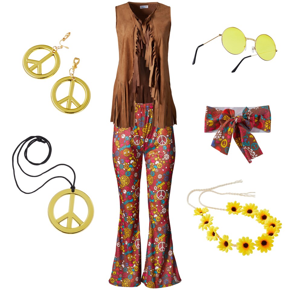 image 1 of Womens Fancy Dress Costume - Hippie Waistcoat, Trousers and Accessories | Multi | colourful | 1