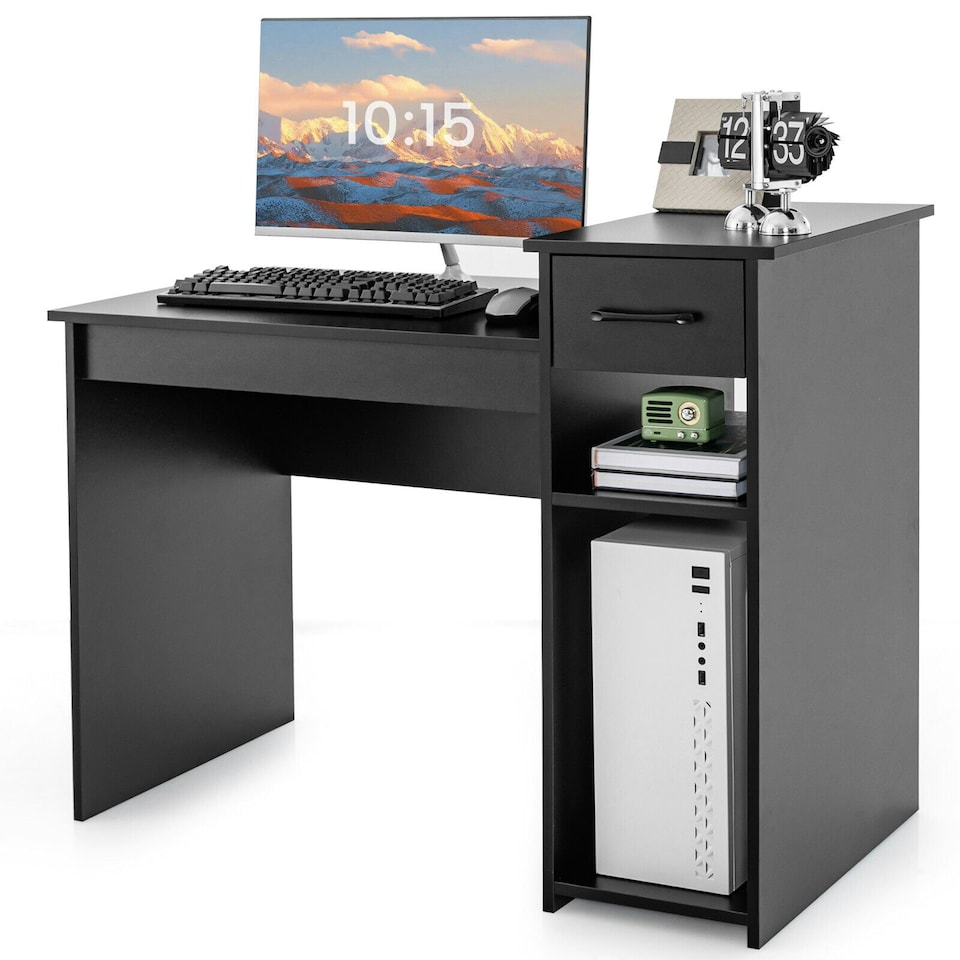 image 1 of COSTWAY Computer Desk with Drawer Compact Study Desk Black Black