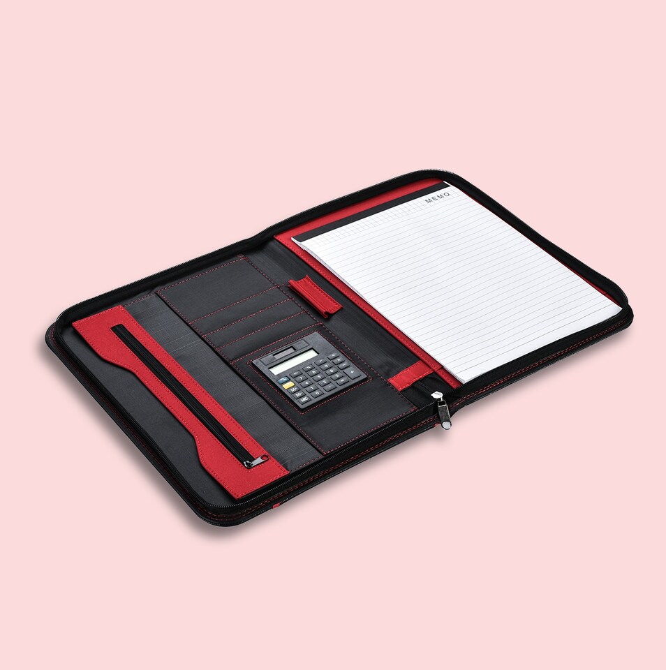 image 1 of A4 Zipped Conference Folder – Executive Portfolio with Calculator, Writing Pad, Pen Holder & Document Storage – Professional Faux Leather Business Organiser for Office, Meetings & Interviews