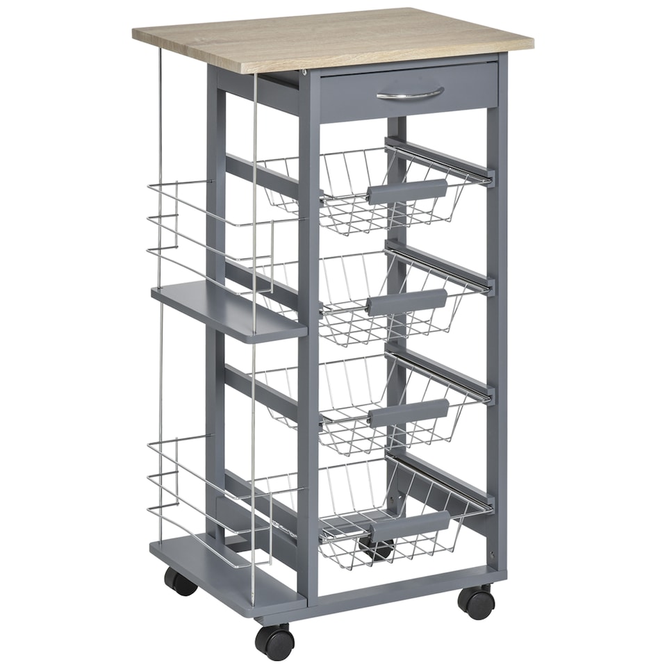 image 1 of HOMCOM Rolling Kitchen Cart, Utility Storage Cart with 4 Basket Drawers & Side Racks, Wheels for Dining Room, Grey