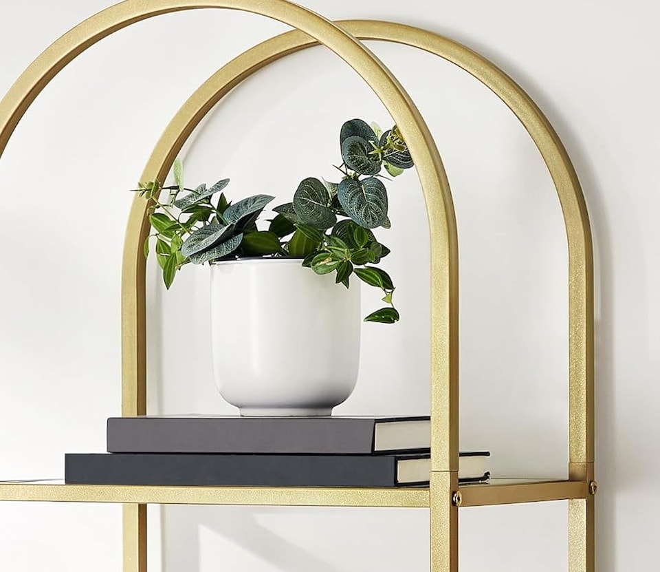 image 1 of 5-Tier Tempered Glass Shelf Unit, Arched Display Rack, Metallic Gold Frame 183.5 cm