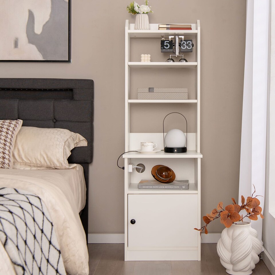 image 1 of COSTWAY 6-Tier Nightstand w/ Charging Station White