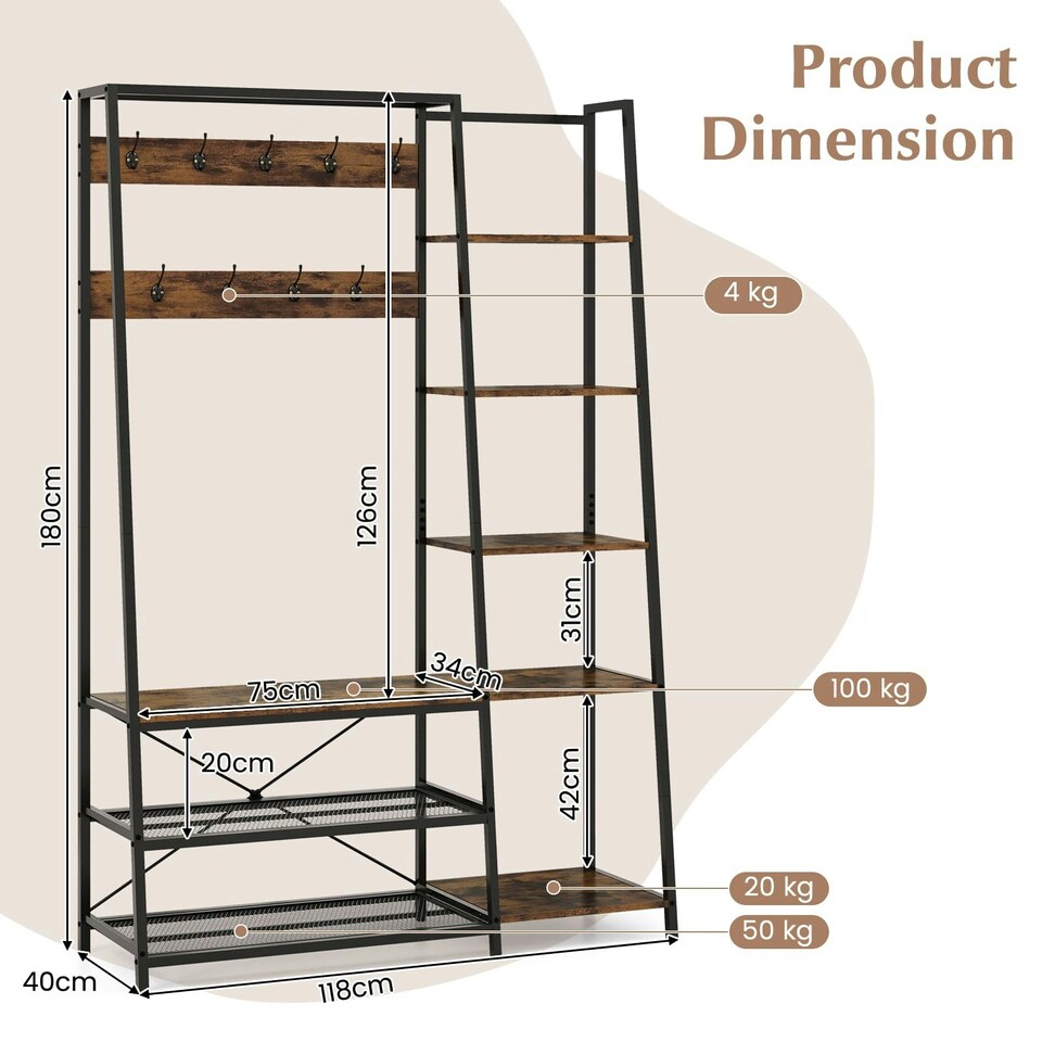 image 1 of COSTWAY 5-in-1 Entryway Bench Industrial Coat Rack with 9 Hooks | Brown | One Size