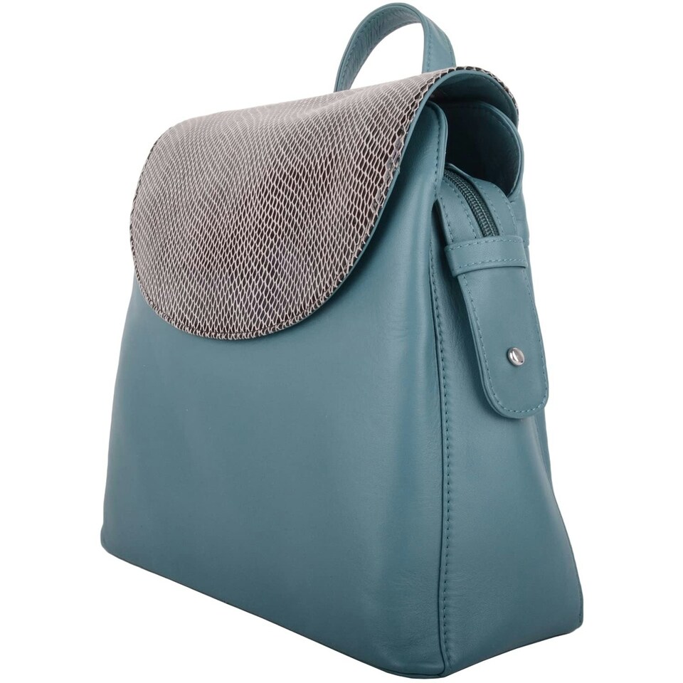 image 1 of Smooth Genuine Leather Backback Rucksack with Snakeskin Effect Flap Panel Red | Cranberry