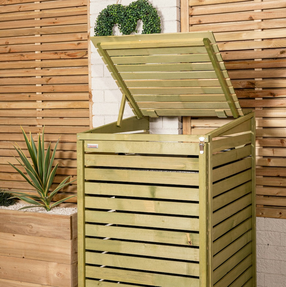 image 1 of 68cm x 1.2m Wooden Outdoor Garden Single Wheelie Bin Store Storage