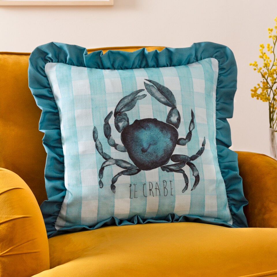 image 1 of Furn Gingham Crab Printed Ruffle Cushion, Blue, 43 x 43cm