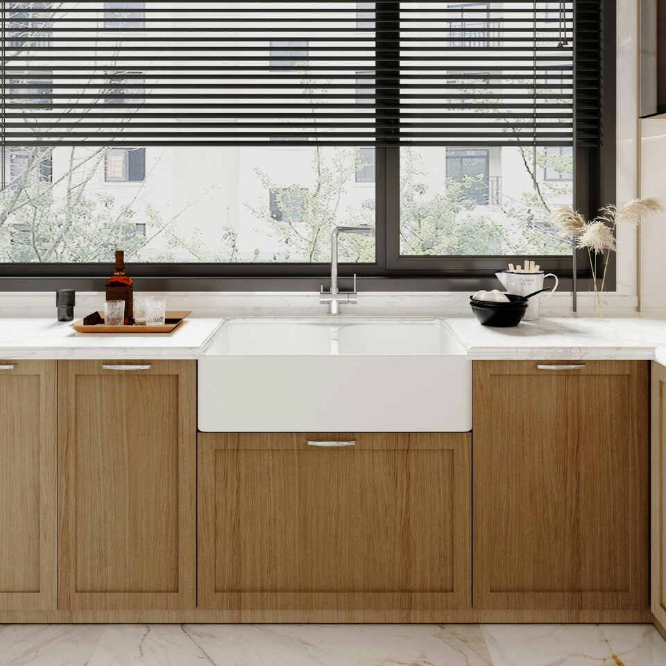 image 1 of 795mm - Double Bowl Fireclay Butler Kitchen Sink -  Stepped Weir  & Wastes