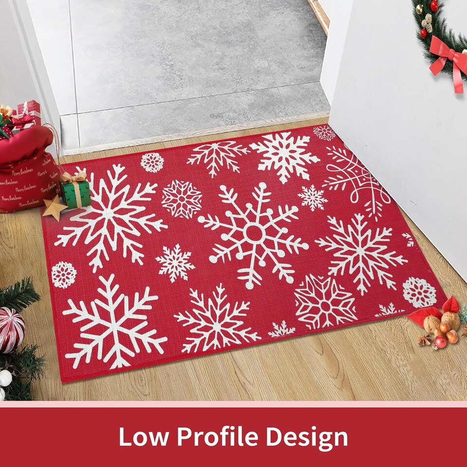 image 1 of London Boutique Christmas Doormat with Snowflake Design, Non-Slip Washable Entrance Mat, Red, 40 x 60 cm