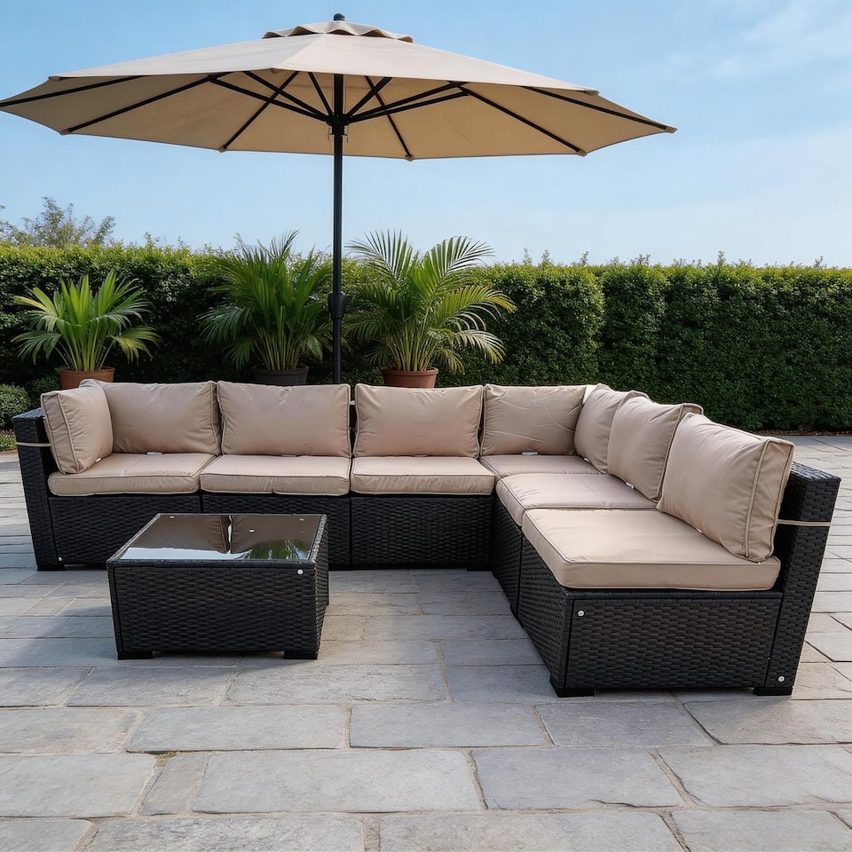 image 1 of 7 Piece Rattan Garden Furniture Set, 6 Seater Corner Sofa Set with Coffee Table