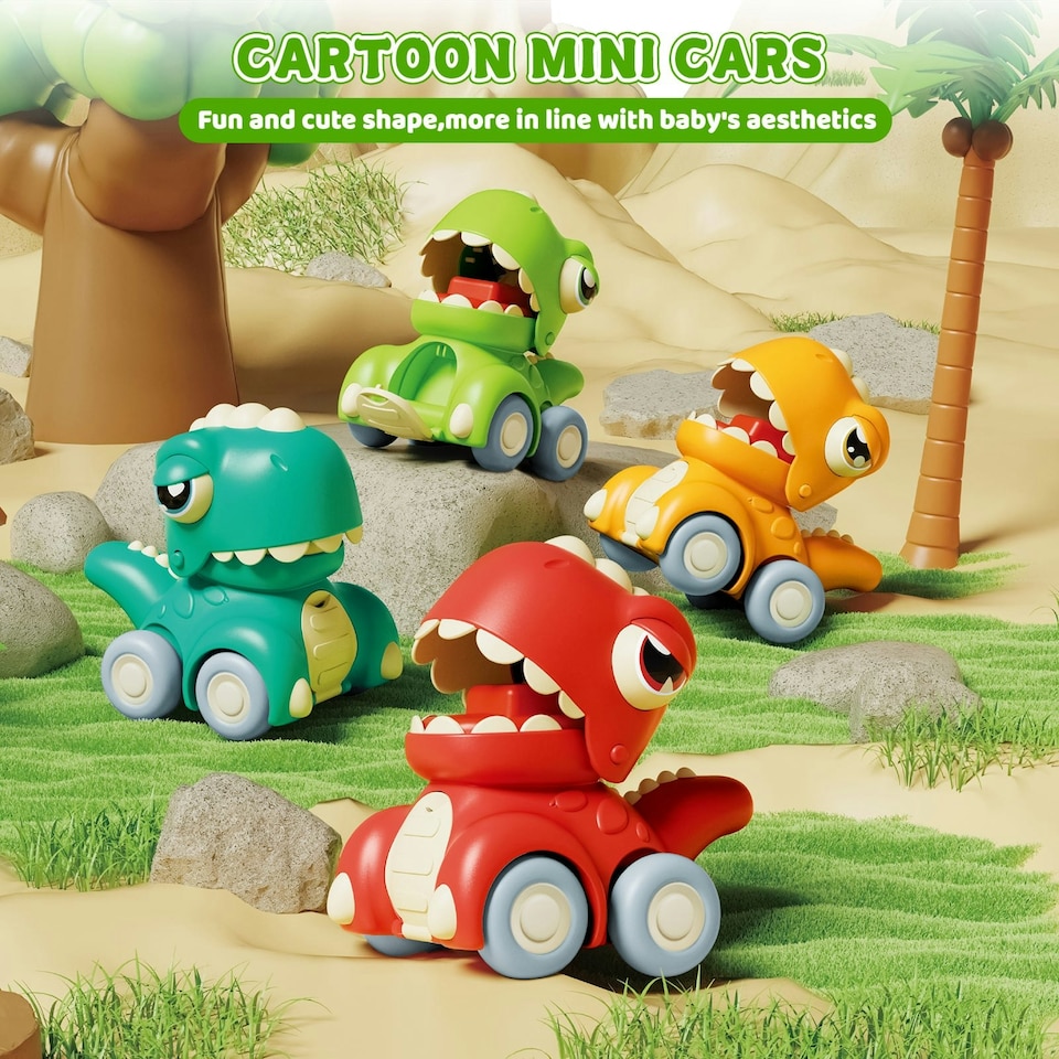 image 1 of Push and Go Dinosaur Car Toy Set 4PCS Mini Dino Vehicles for Toddlers Pull Back Cars