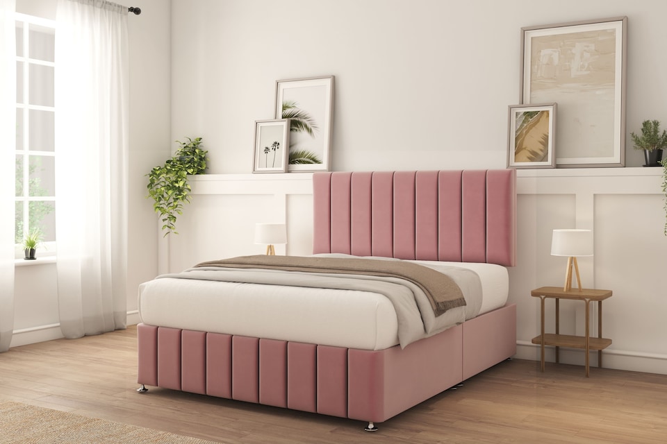 image 1 of Sloomy California Pink Plush Divan Bed With Mattress No Drawers 26" Strutted Headboard & 12" Footboard 4' Small Double