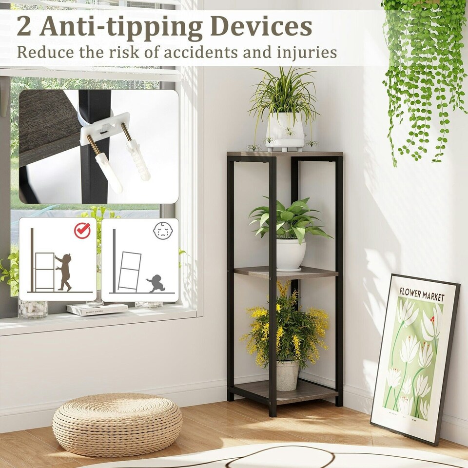 image 1 of COSTWAY 3 Tier Metal Plant Stand Corner Plant Holder Grey