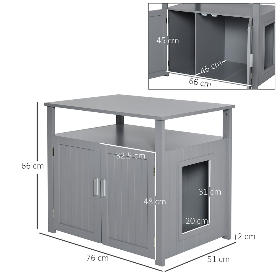 image 1 of PawHut Wood Cat Litter Box Enclosure Furniture w/ Adjustable Interior Wall Grey