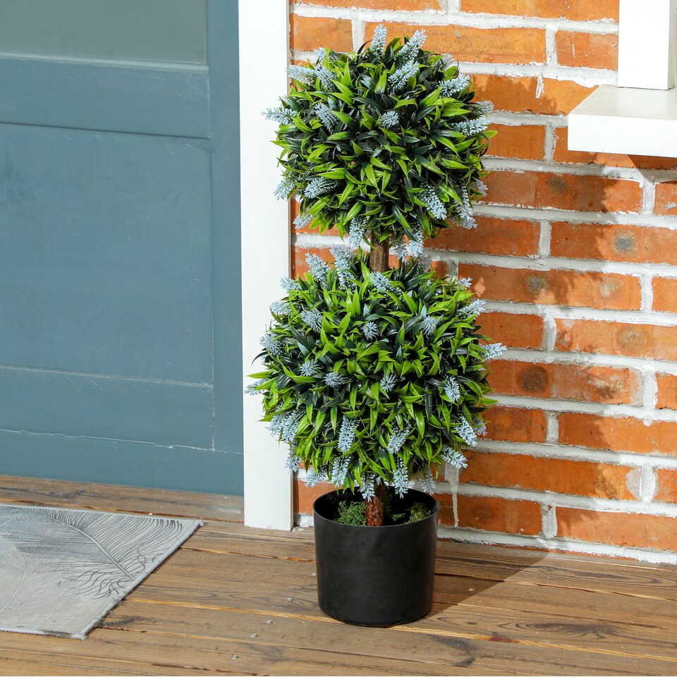 image 1 of HOMCOM Set of 2 Decorative Artificial Plants Ball Trees with Lavender Flowers in Pot Fake Plants for Home Indoor Outdoor Decor, 70cm, Blue