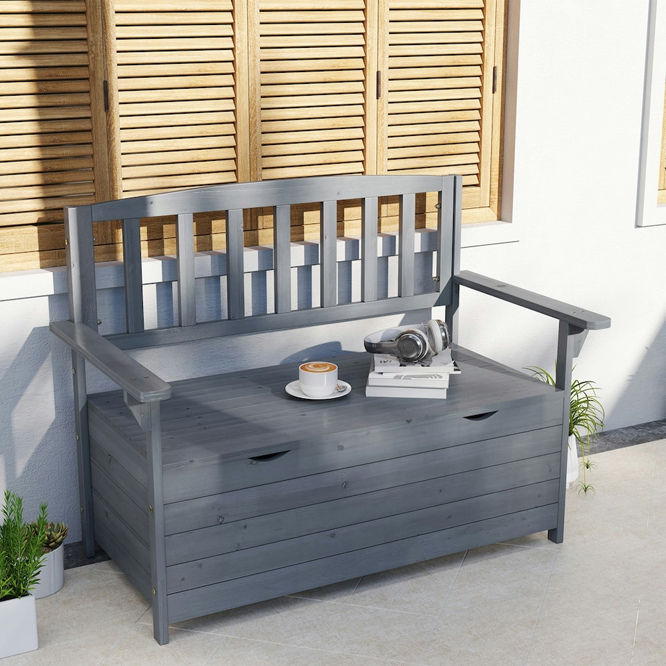 image 1 of Outsunny Garden Storage Bench, 2 Seater Fir Wood Outdoor Bench, Dark Grey