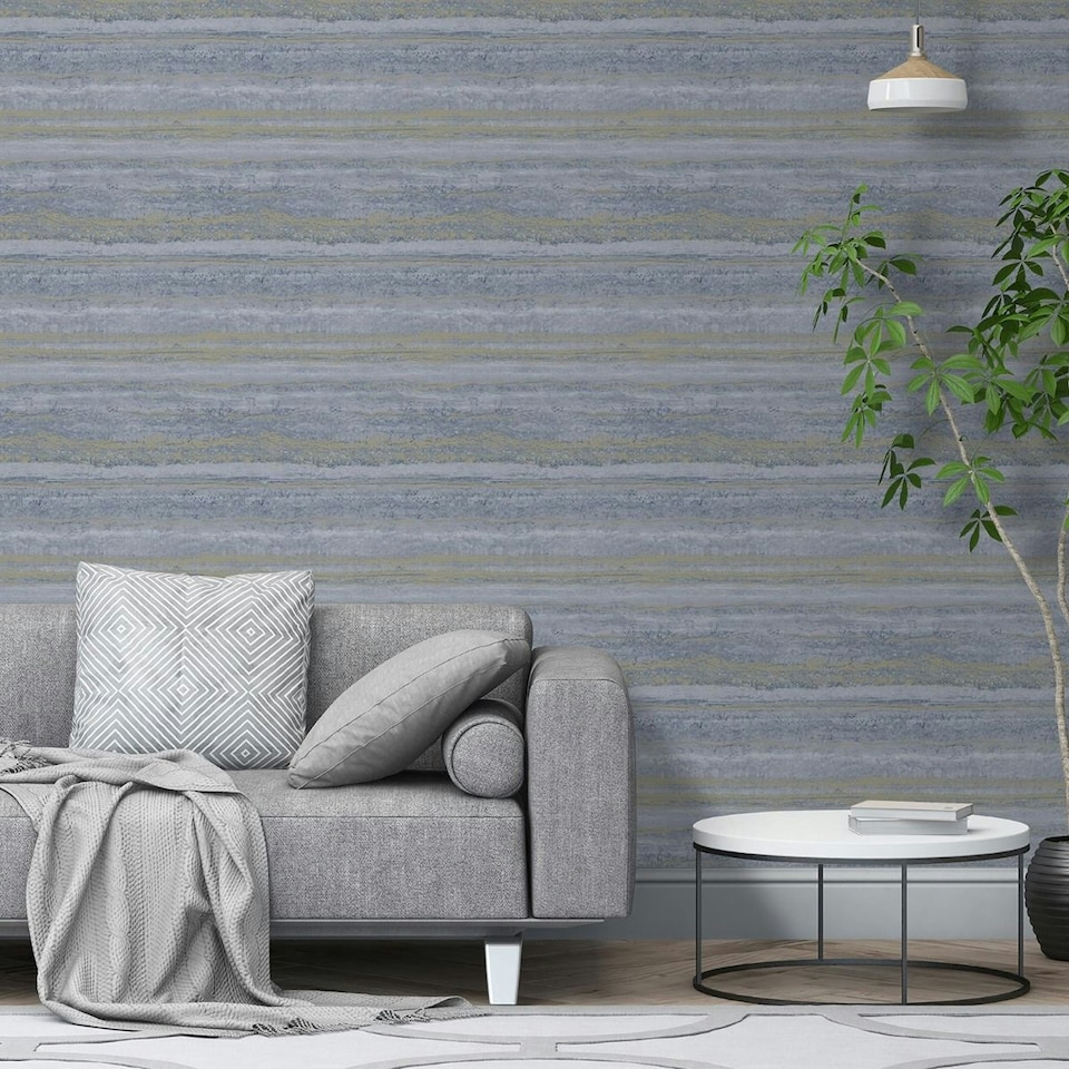 image 1 of World of Wallpaper Strata Marble Effect Wallpaper - Blue/Gold - 10.5m x 53cm | Blue