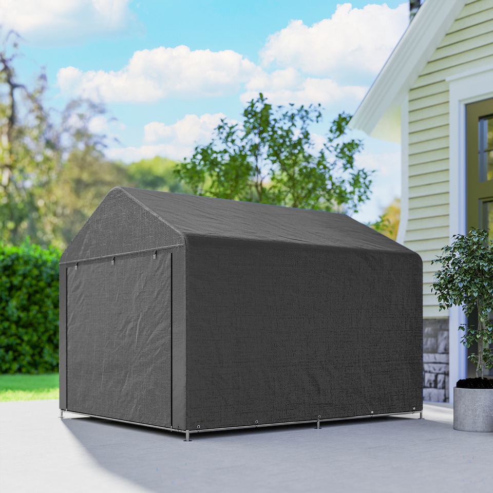 image 1 of Outsunny 6.6 x 7.8ft Outdoor Garden Storage Shed, Waterproof Bike Tent with Roll-up Zipper Door, Galvanised Metal Frame, Portable Shed Shelter Carport for Motorcycle Garden Tools, Dark Grey