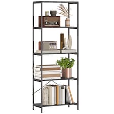 HOMCOM 5-Tier Bookshelf, Industrial Bookcase, Floor Standing Book Shelf with Metal Frame, Open Display Shelving Unit for Living Room, Home Office and Bedroom, Dark Grey and Black | Black | Dark Grey and Black