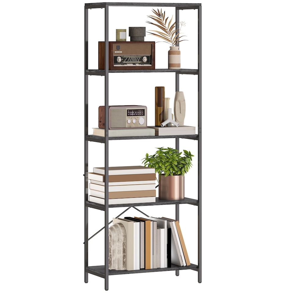 image 1 of HOMCOM 5-Tier Bookshelf, Industrial Bookcase, Floor Standing Book Shelf with Metal Frame, Open Display Shelving Unit for Living Room, Home Office and Bedroom, Dark Grey and Black | Black | Dark Grey and Black