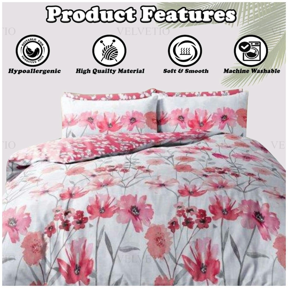 image 1 of VELVETIO Chelsea Floral Complete Duvet Cover Set with Fitted Sheet Soft Polycotton Bedding Sets Red | King