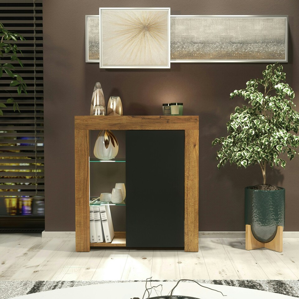 image 1 of Sideboard 75cm – Oak Matt Body & Black Matt Door – Modern Cabinet with Glass Shelves and LED Brown | Black