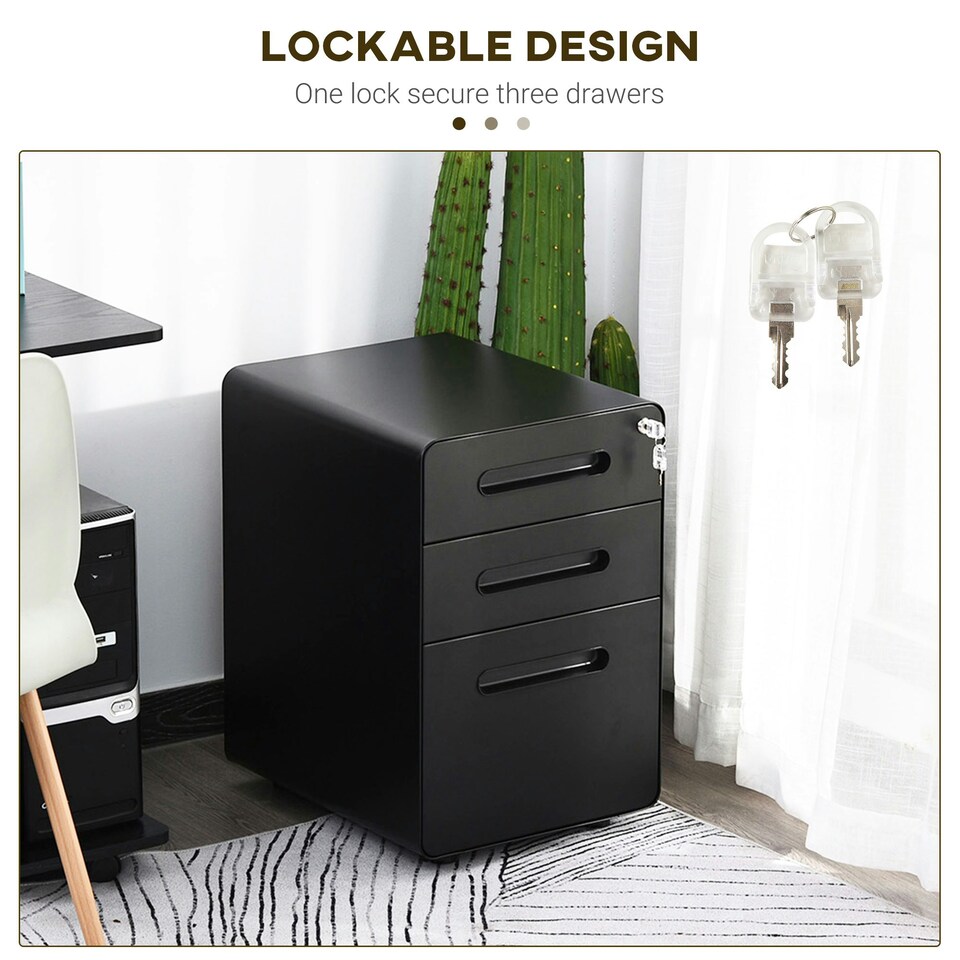 image 1 of Vinsetto 3 Drawer Modern Steel Filing Cabinet w/ 4 Wheels Lock Pencil Box Black