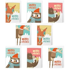 Cute Animal Christmas Cards Set of 8 - A6 Size - Festive Fox Owl Bear Reindeer