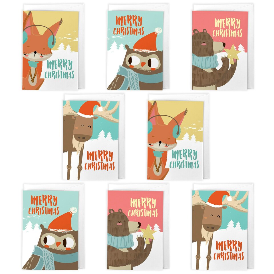 image 1 of Cute Animal Christmas Cards Set of 8 - A6 Size - Festive Fox Owl Bear Reindeer