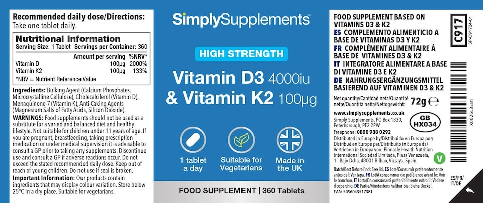 image 1 of Vitamin D3 4000iu & Vitamin K2 100mcg - 360 Tablets