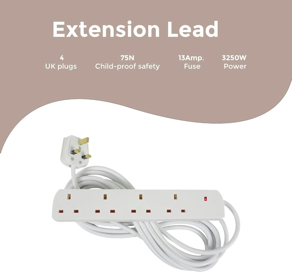 image 1 of Straame White 4-Gang UK Extension Lead, 2m Cable, Slim Design for Multiple Device Connections
